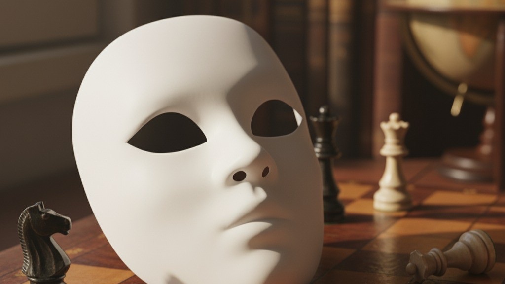 Una maschera bianca posata su una scacchiera tra i pezzi, davanti a un mappamondo